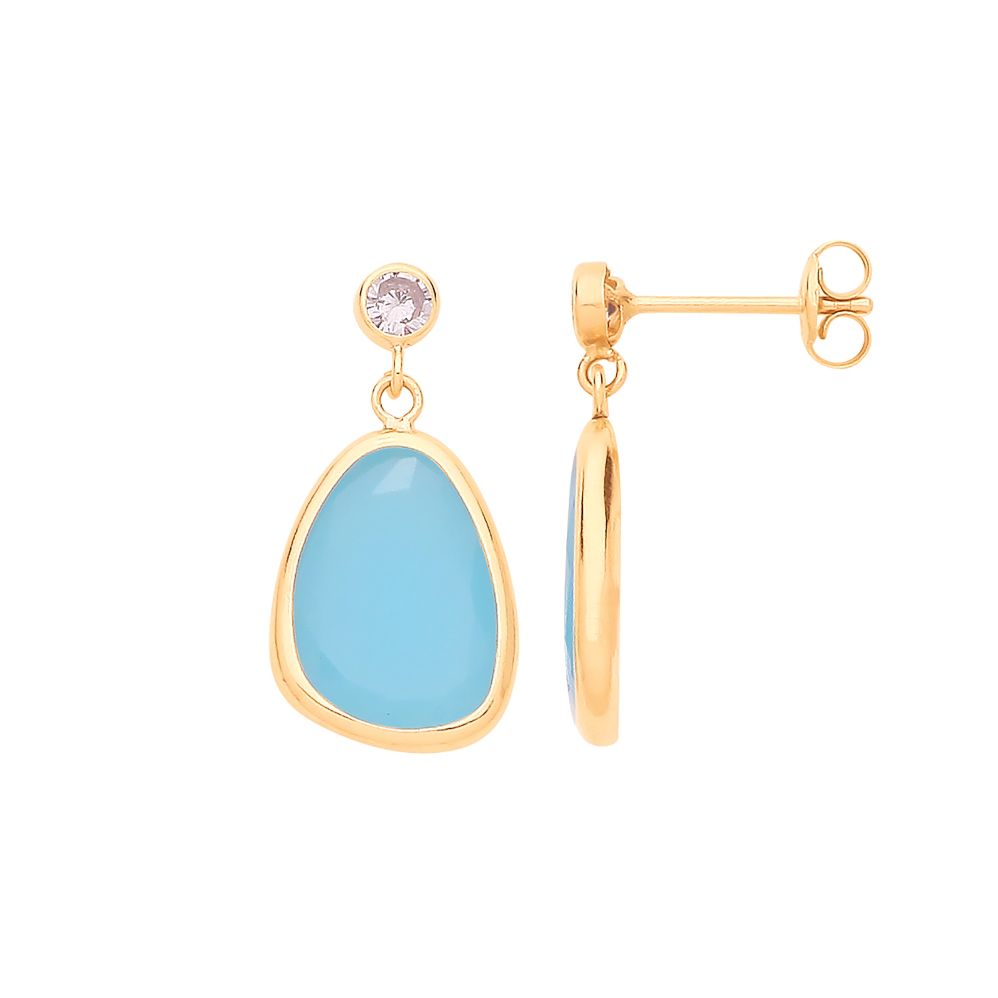 9ct Gold Blue Glass and CZ Drop Earrings