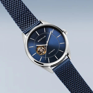 Bering mens' automatic watch with blue mesh strap and dial - Carathea Jewellers