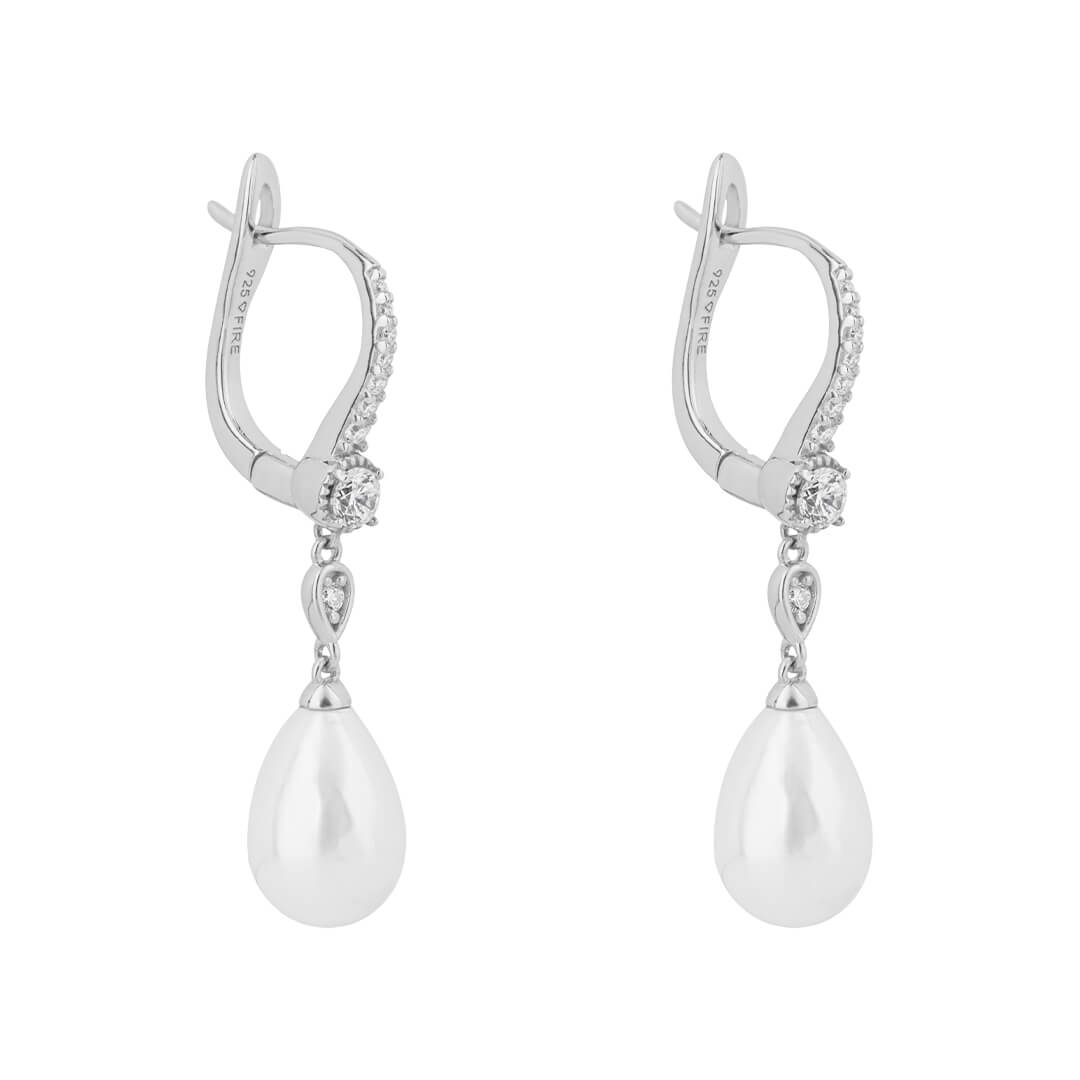 Silver shell pearl cz lever back drop earrings Diamonfire | Carathea