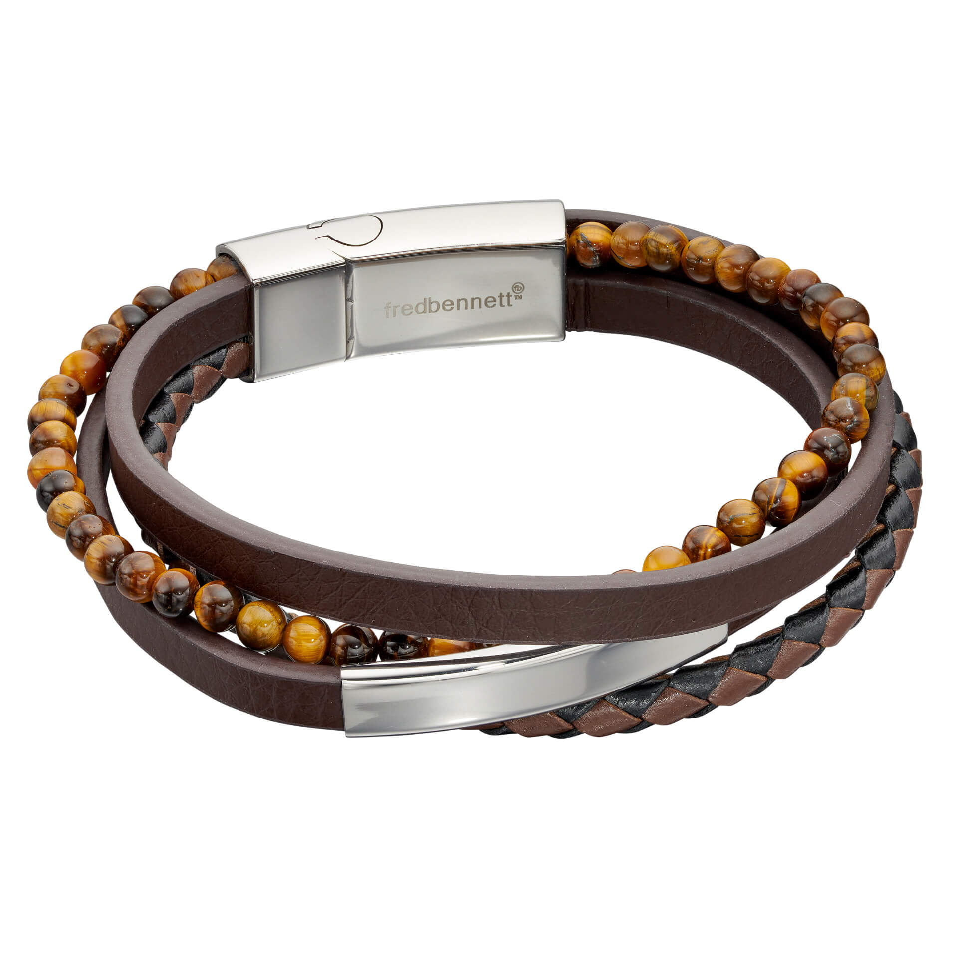 Fred Bennett Multi Strand Brown Leather Bracelet with Tiger's Eye Beads
