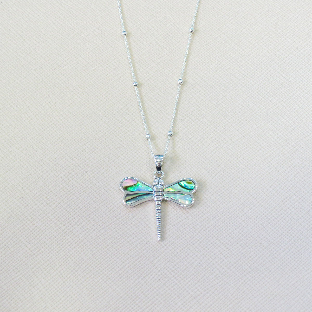Silver and Paua Shell Dragonfly Pendant with Chain