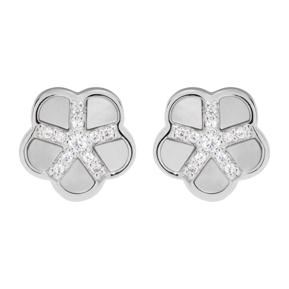 silver flower stud earrings with mother of pearl and CZ - Carathea