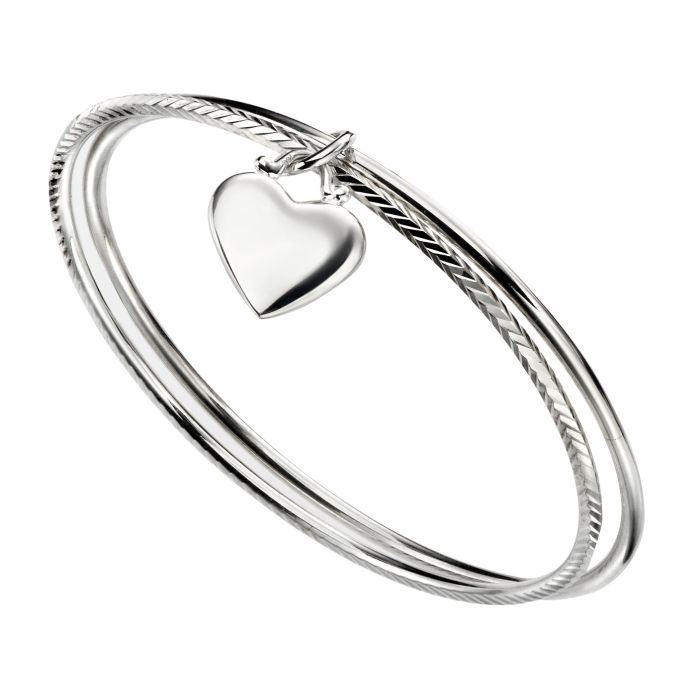 Silver Double Diamond Cut Bangle with Heart Charm
