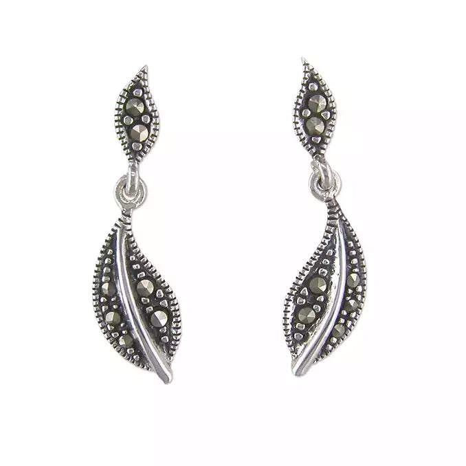 Silver Marcasite Leaf Drop Earrings