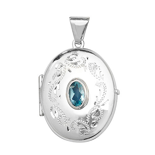Silver Oval Locket with Blue Topaz Pendant