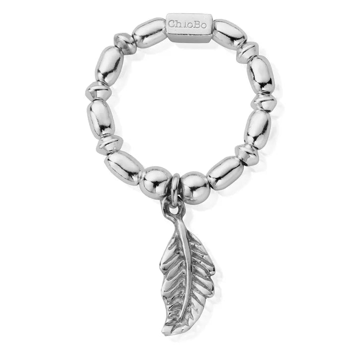 Silver mini rice beaded ring with feather charm | Carathea jewellers