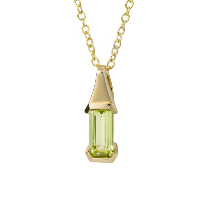 gold pendant with elongated peridot - Carathea jewellers