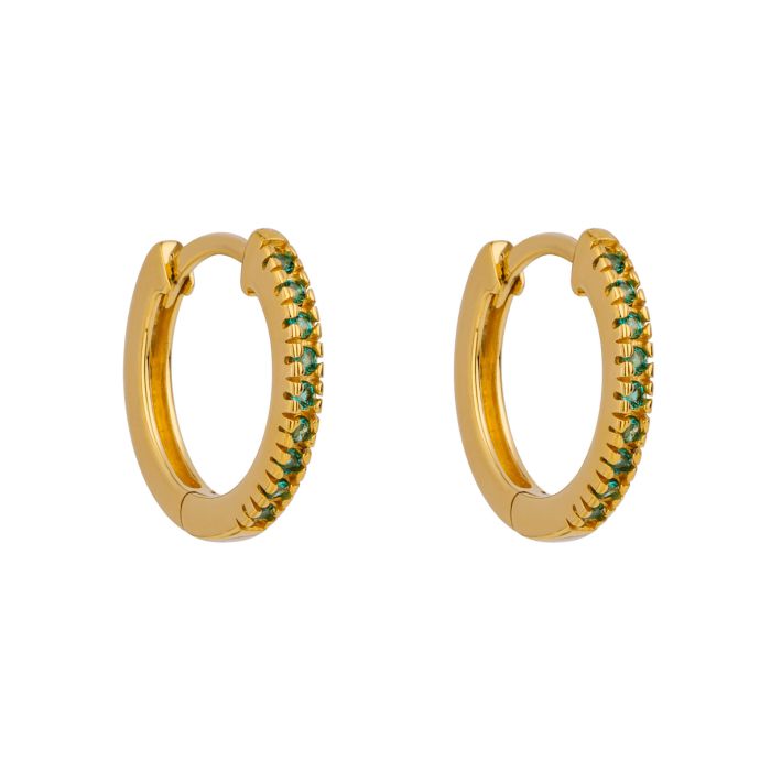 Gold Plated Silver Thin Hoop Earrings with Green Crystals