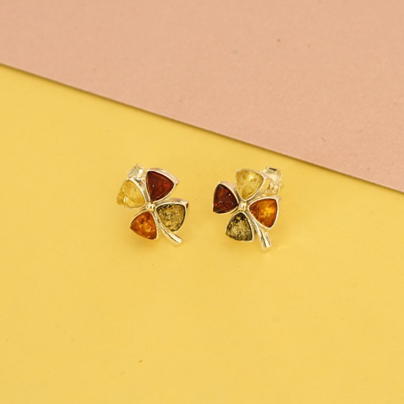 Four coloured amber four leaf clover earrings- Carathea