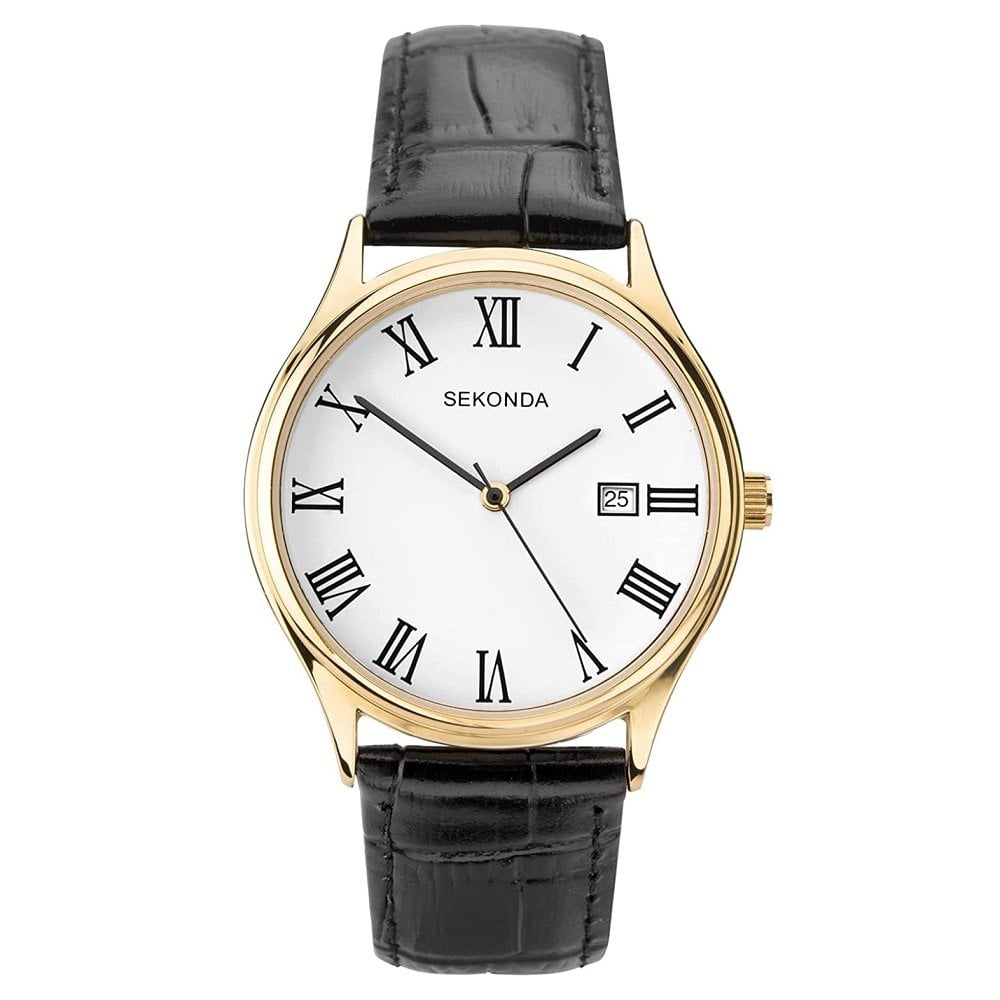 Men's classic watch with black Roman numerals, white dial, black strap - Carathea