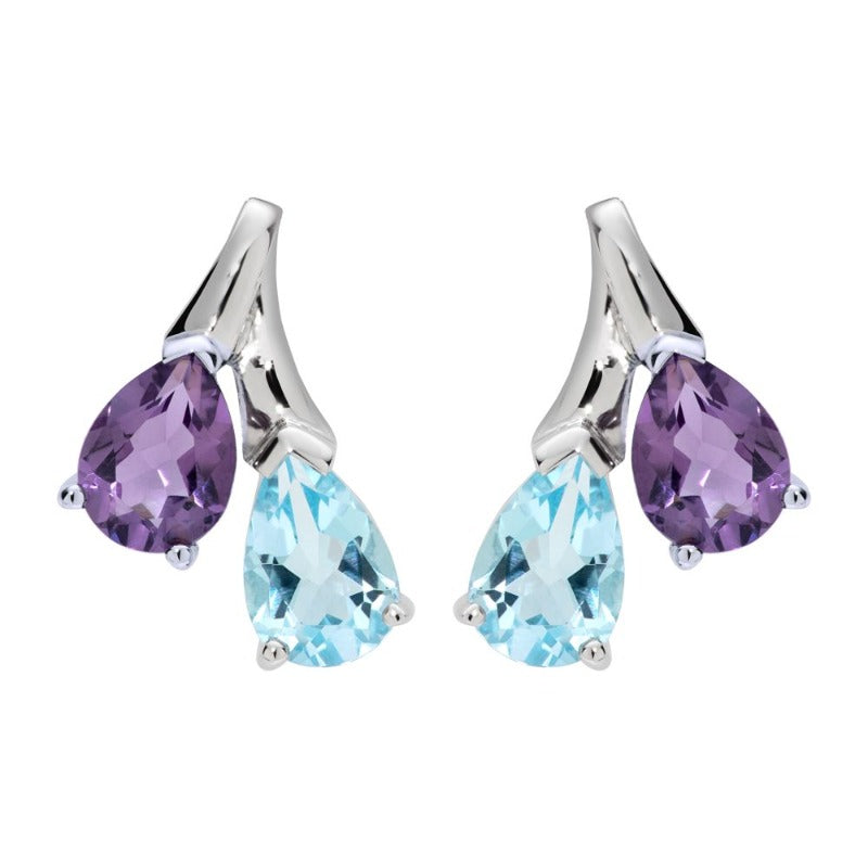 Silver Teardrops Amethyst and Blue Topaz gemstones - Carathea jewellers