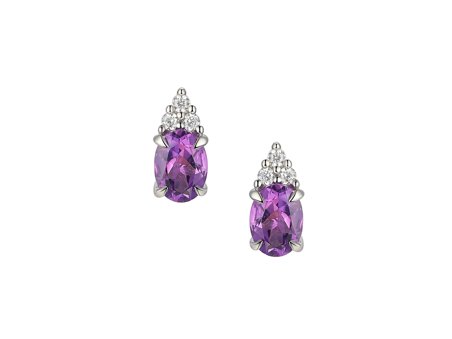 Silver oval amethyst stud with six CZ's - Carathea jewellers