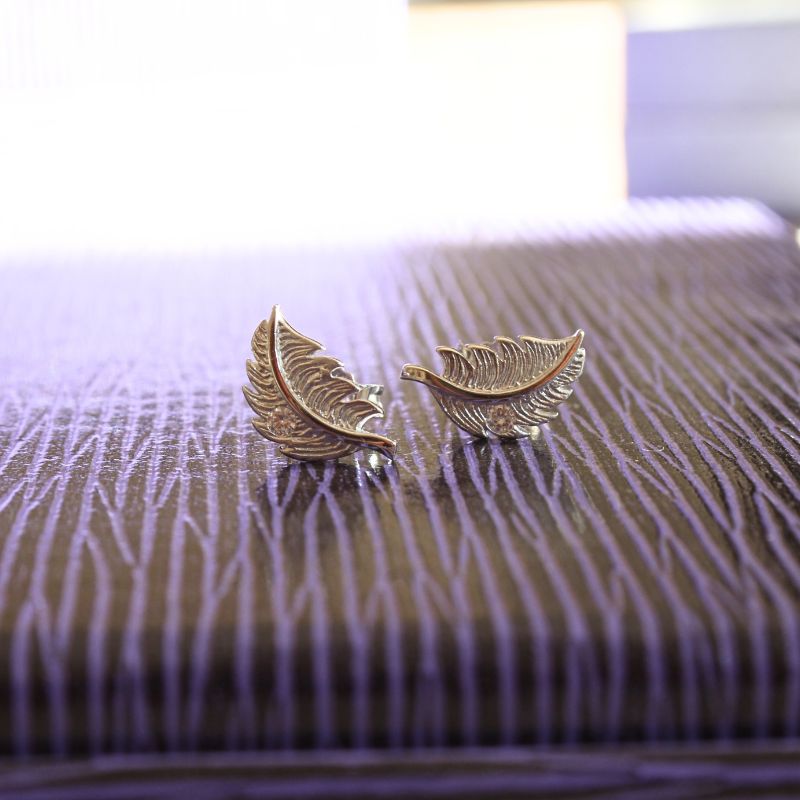 Frosted Silver Feather Stud Earrings with CZ