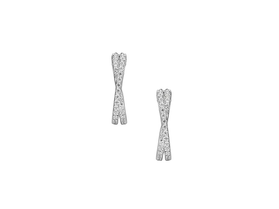 Silver & CZ Half Hoop Cross-Over design hoop earrings | Carathea