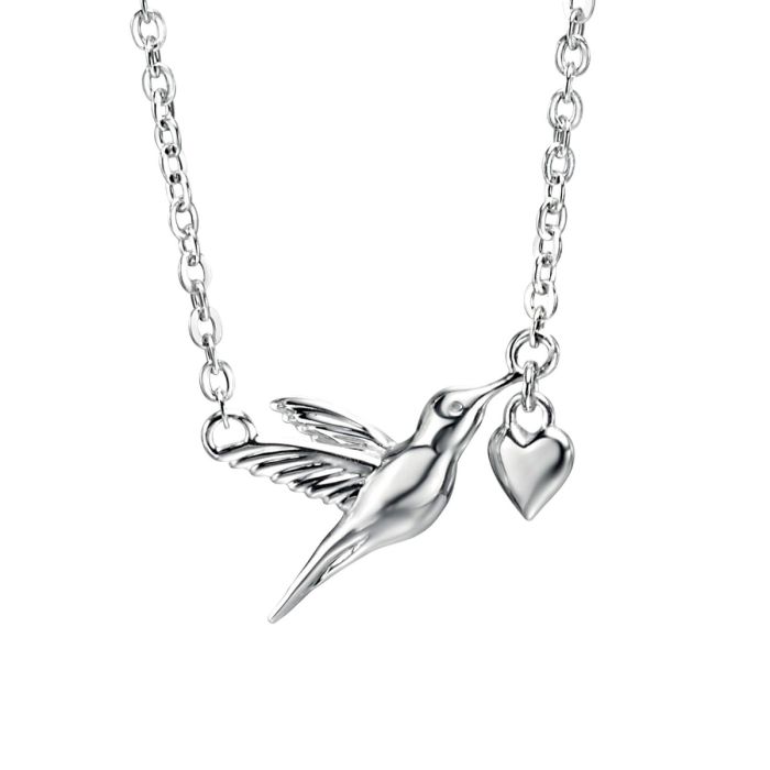 Silver Hummingbird Necklace with Heart