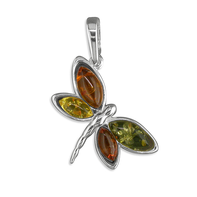 Silver Mixed Amber Dragonfly Pendant