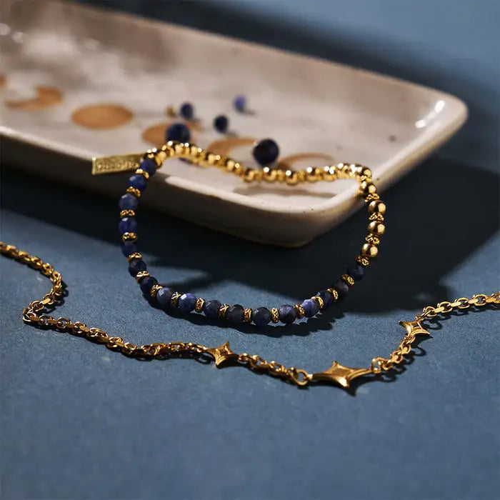 gold plated silver and sodalite beaded stacking bracelet - Carathea jewellers