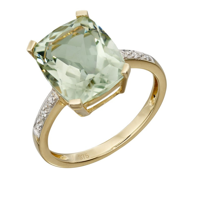 9ct Gold Green Amethyst and Diamond Ring Jewellery Carathea 