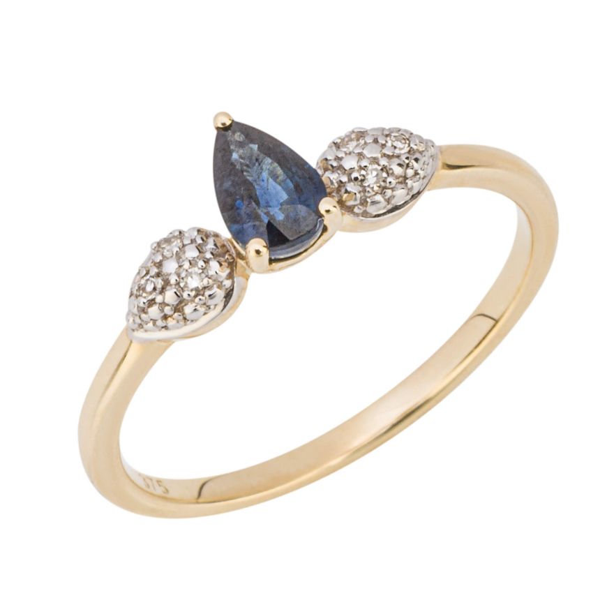 Gold Blue Sapphire and Diamond Droplet Trilogy Ring