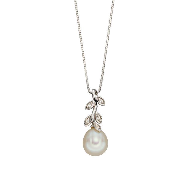 White Gold Pearl and Diamond Leaf Design Pendant Necklaces & Pendants Gecko 