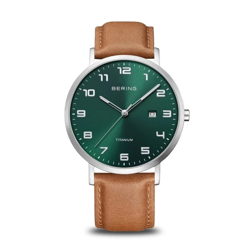 Men's Bering Titanium Watch with Tan Strap and Green Dial 18640-568 Watches Bering 