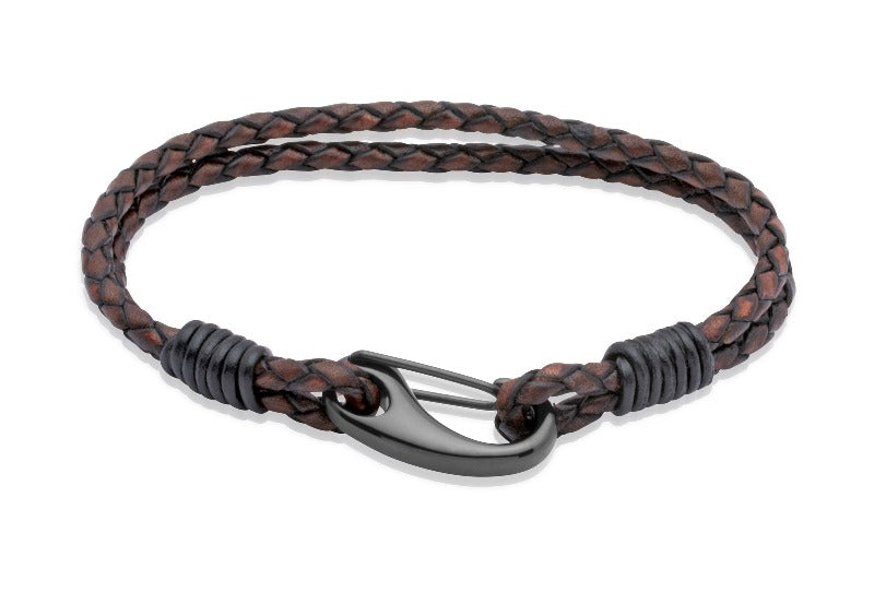 Men's Double Plaited Leather Bracelet in Antique Brown Men's Bracelets Unique Medium (21 cm) 