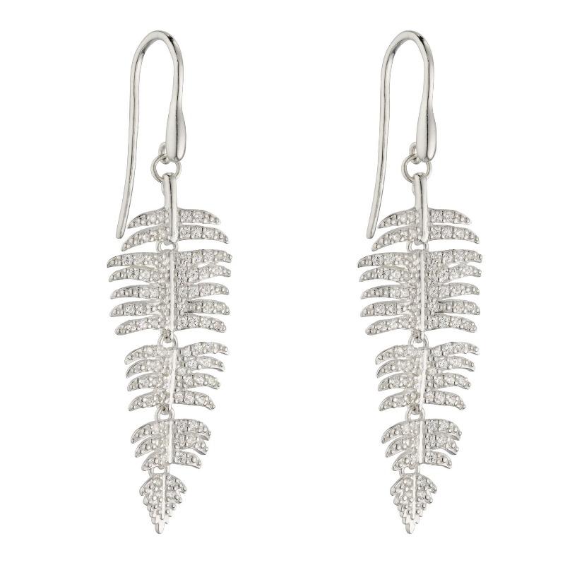 Silver Clear Cubic Zirconia Palm Leaf Drop Earrings Earrings Carathea 