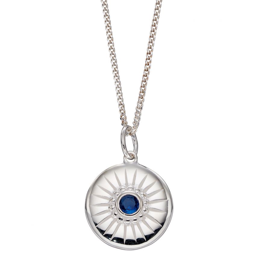 Silver Sunray Disc Pendant With Blue Crystal Necklaces & Pendants Gecko 