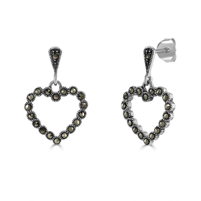 Silver open heart marcasite drop earrings Carathea Jewellery