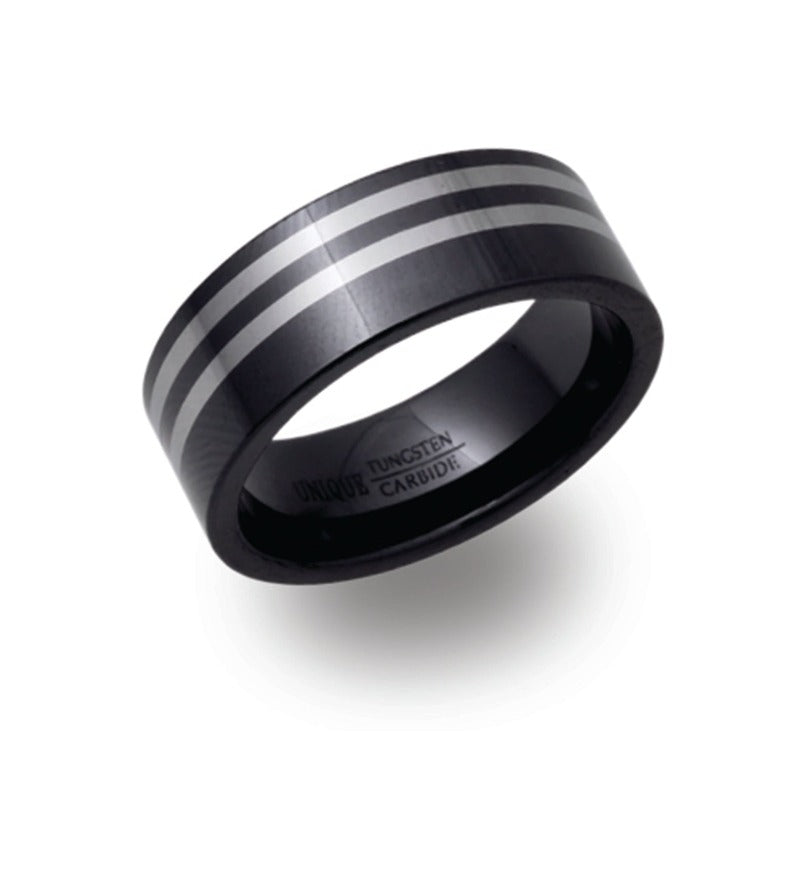 Black Tungsten Carbide Ring with Double Silver Ceramic Band Men's Rings Unique 0 3/4 (56) 