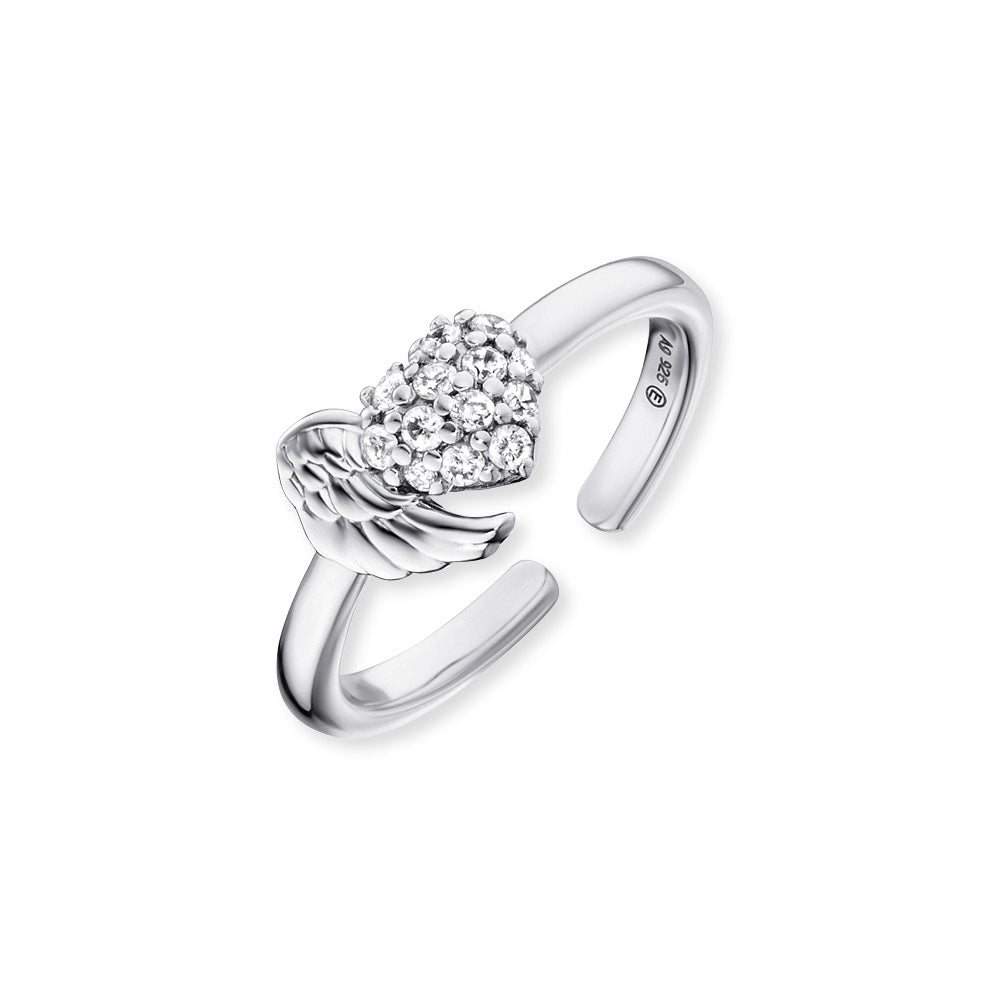 A silver & CZ angel wing and heart ring