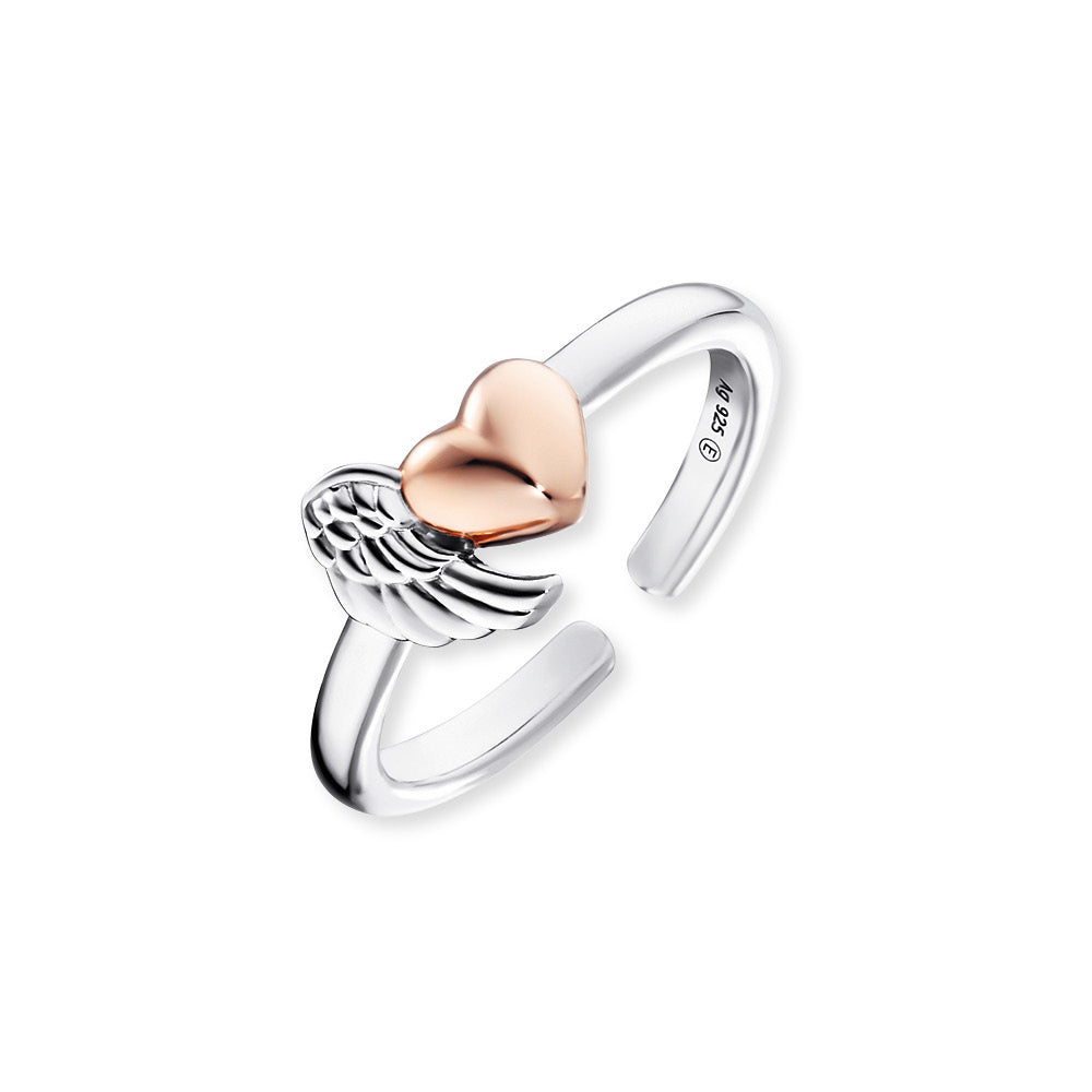 A silver and rose gold wing and heart ring in one size