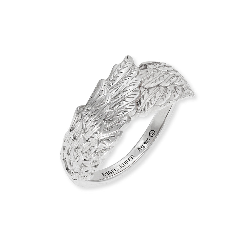 A silver wrap-around ring of an angel wing in silver