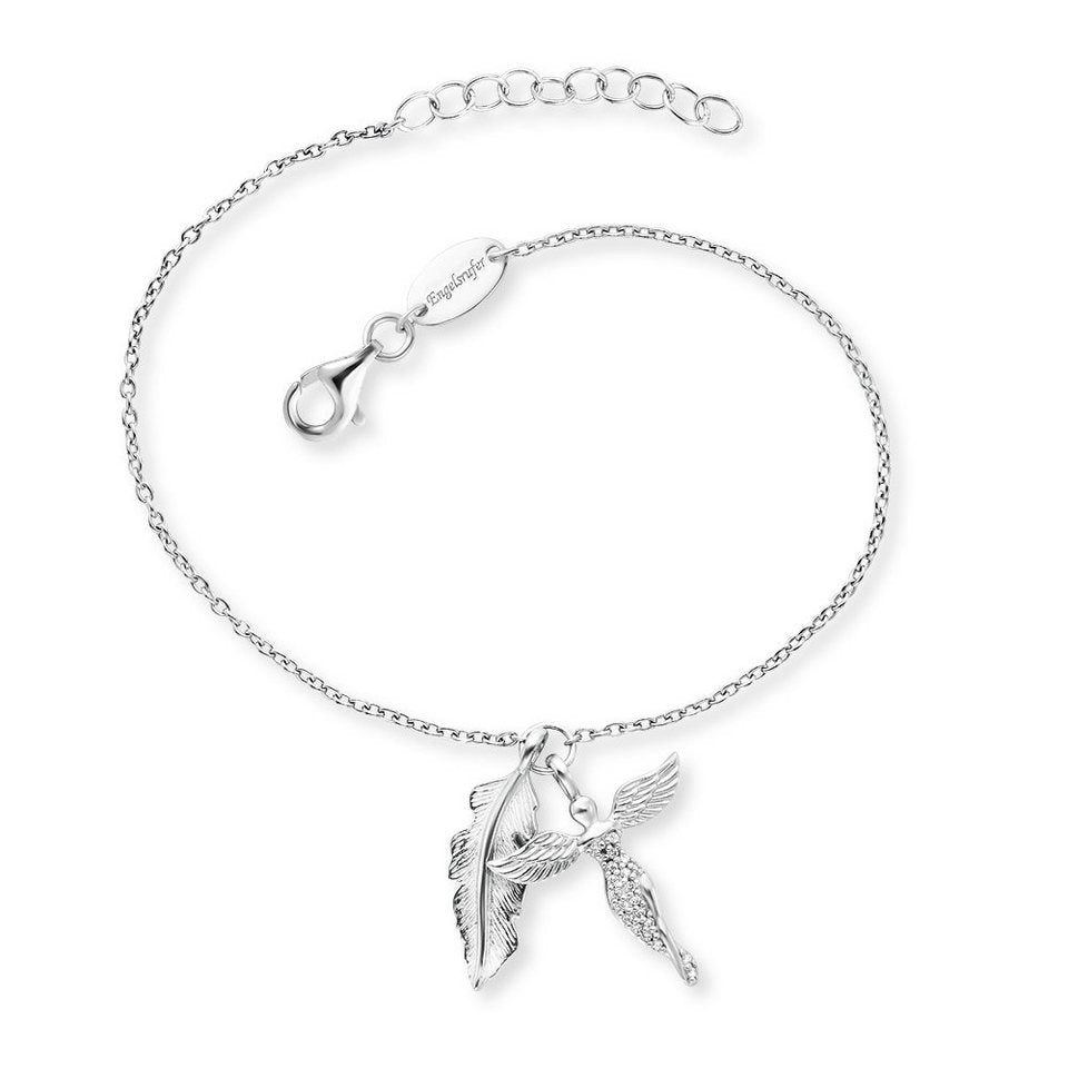 angel whisperer silver bracelet with feather and angel set with CZ