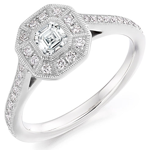platinum ring with Asscher cut diamond and diamond surround Jewellery Carathea