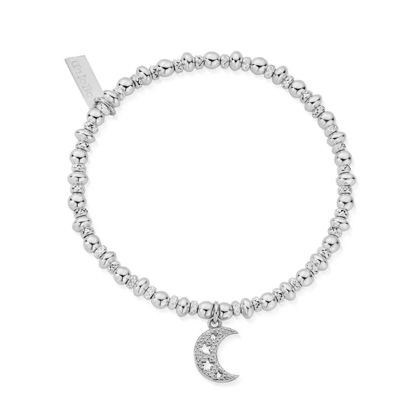 Chlobo silver bracelet with oval and balll beads and a moon charm  | Carathea