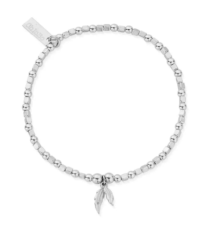 Chlobo silver bracelet with cube beads and two feather charms | Carathea