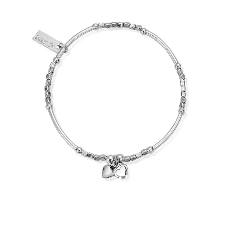 Chlobo silver bracelet with cube beads noodles and two heart charms | Caarathea