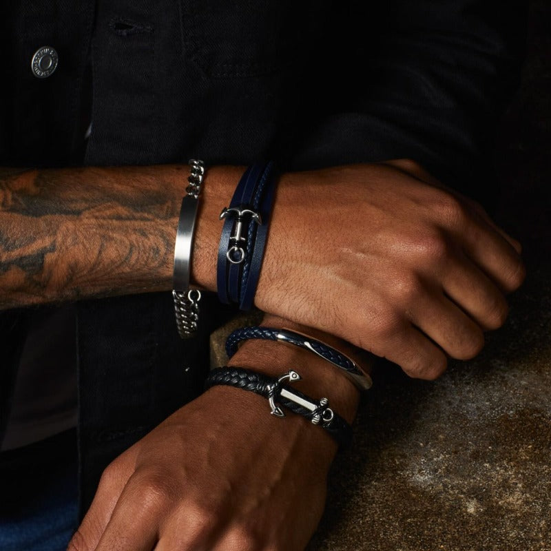 Fred Bennett Men's Blue & Black Leather Bracelet with Anchor Men's Bracelets FRED BENNETT 