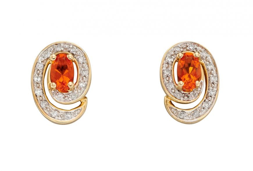 Gold Stud Earrings with Fire Opal and Pave Diamonds Earrings Gecko 