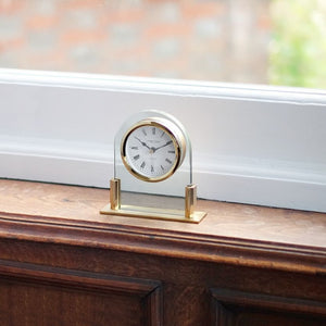 glass and gold arch top mantel clock Carathea jewellers