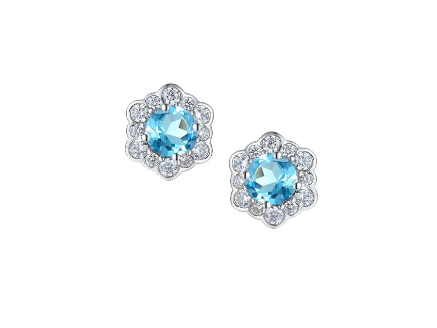Silver Flower Stud Earrings with Blue Topaz & CZ Earrings AMORE 