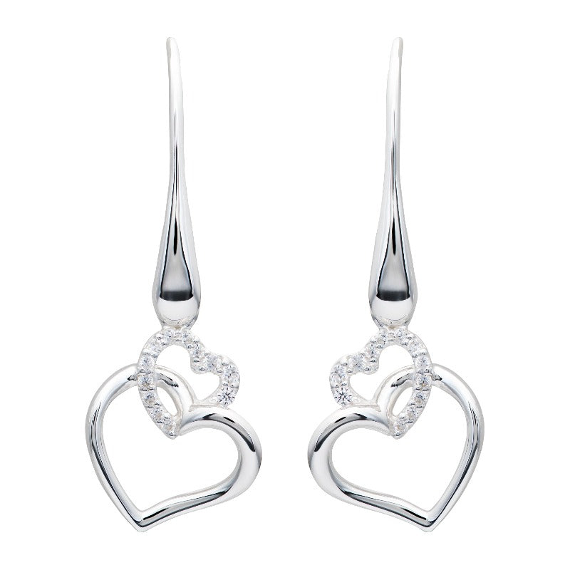 Silver Double Heart Drop Earrings with CZ Earrings Unique 