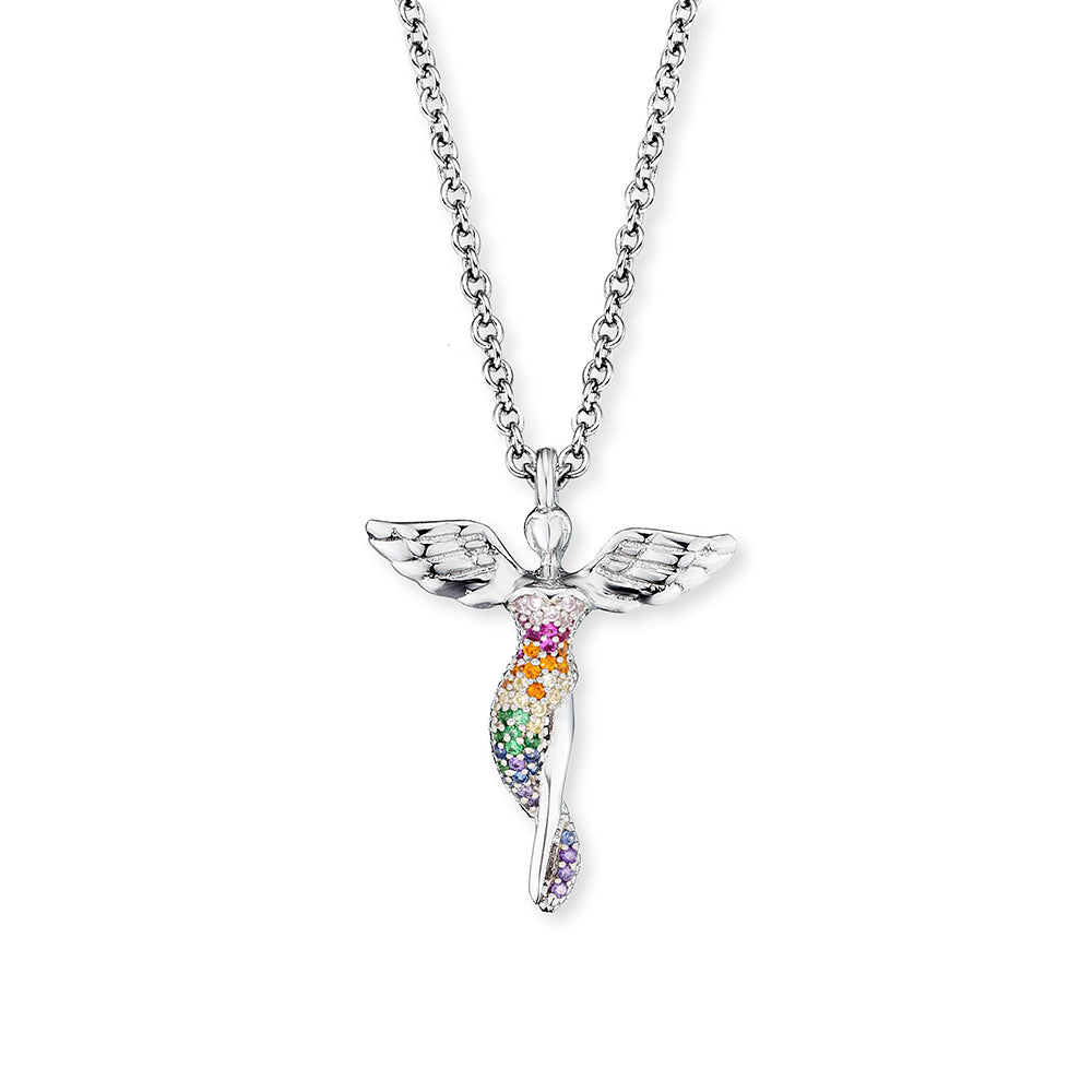 silver angel necklace with multi coloured cz