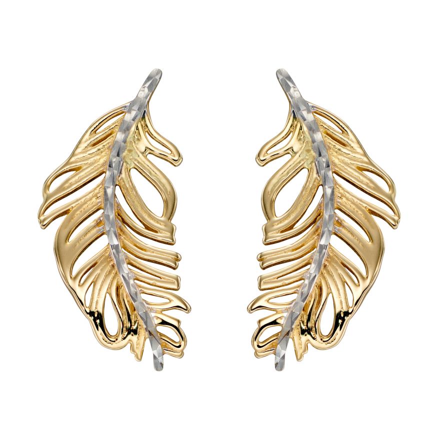 Yellow and White Gold Feather Earrings Earrings Carathea 