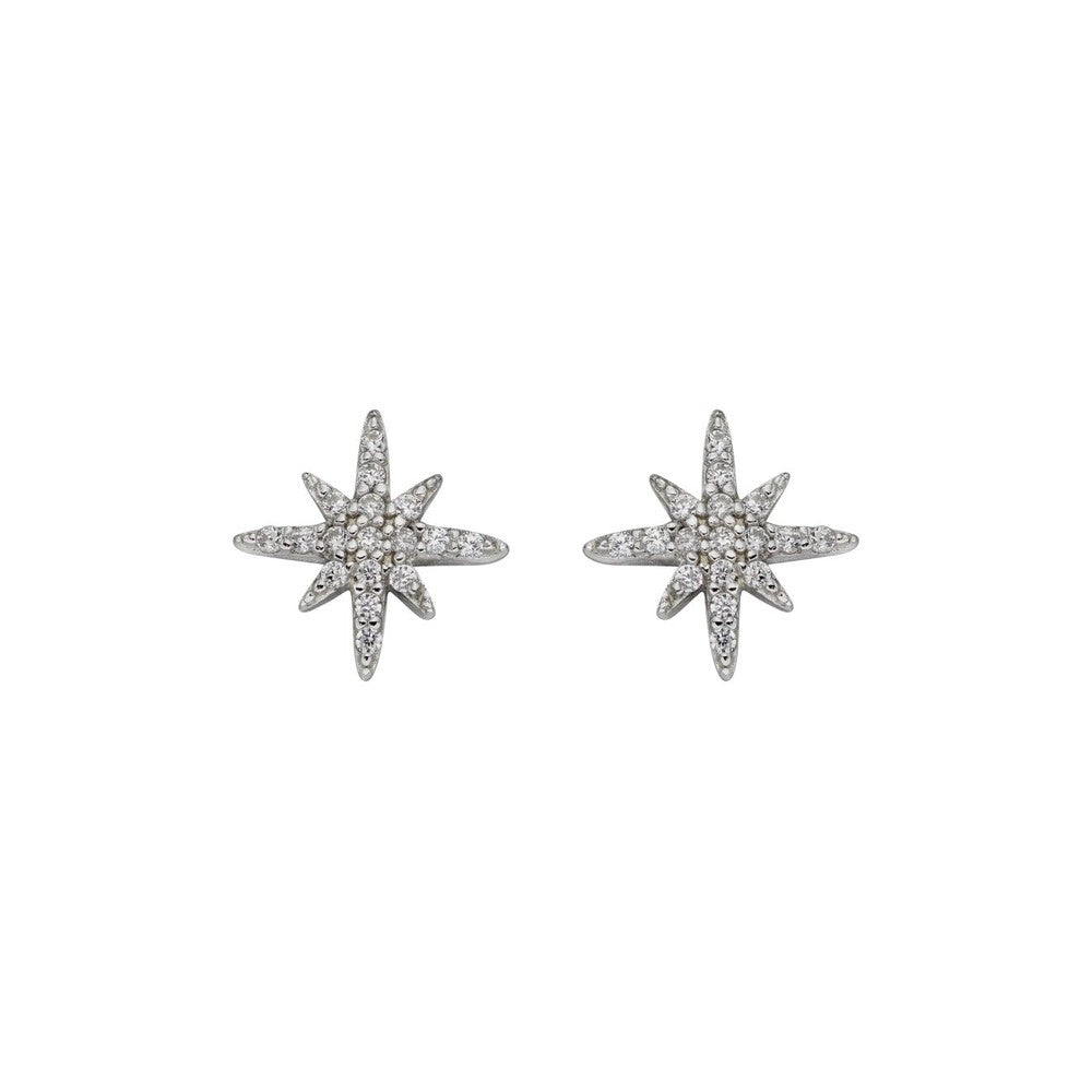 Silver starburst stud earrings with cubic zirconia