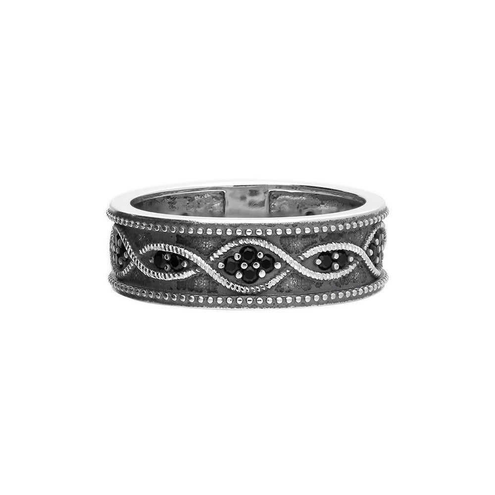 Men's oxidised silver wave-pattern band with black stones