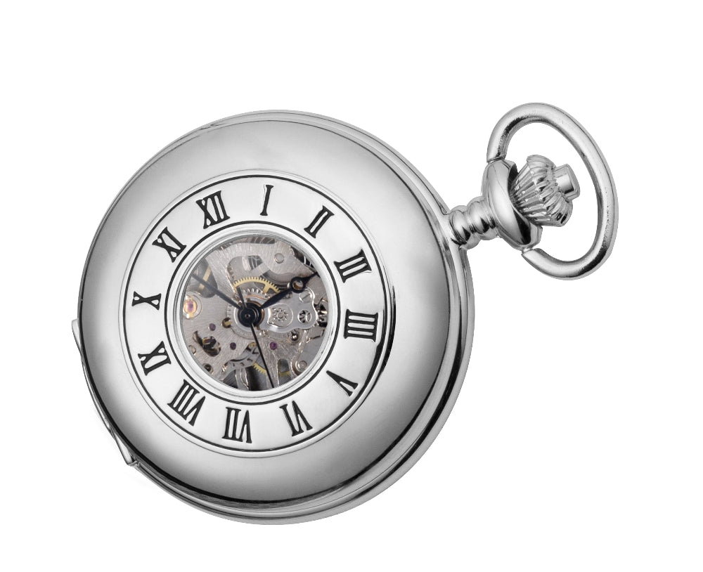 A polished chrome pocket watch with a visible mechanical movement through the Roman numeral dial, shown on a plain white background.