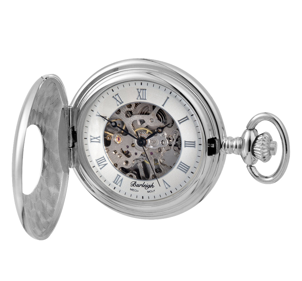 A chrome mechanical pocket watch with its hinged cover open, showing a skeleton dial with Roman numerals and visible internal gears. The brand name 'Barlapp' is printed on the white dial.