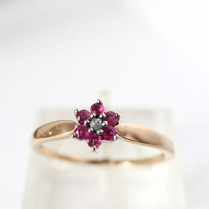 Gold Ring with Ruby and Diamond Flower Cluster